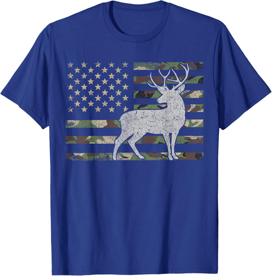 Whitetail Buck Deer Hunting American Camouflage USA Flag Women Kids Men T-Shirt - T-Shirt | Royal