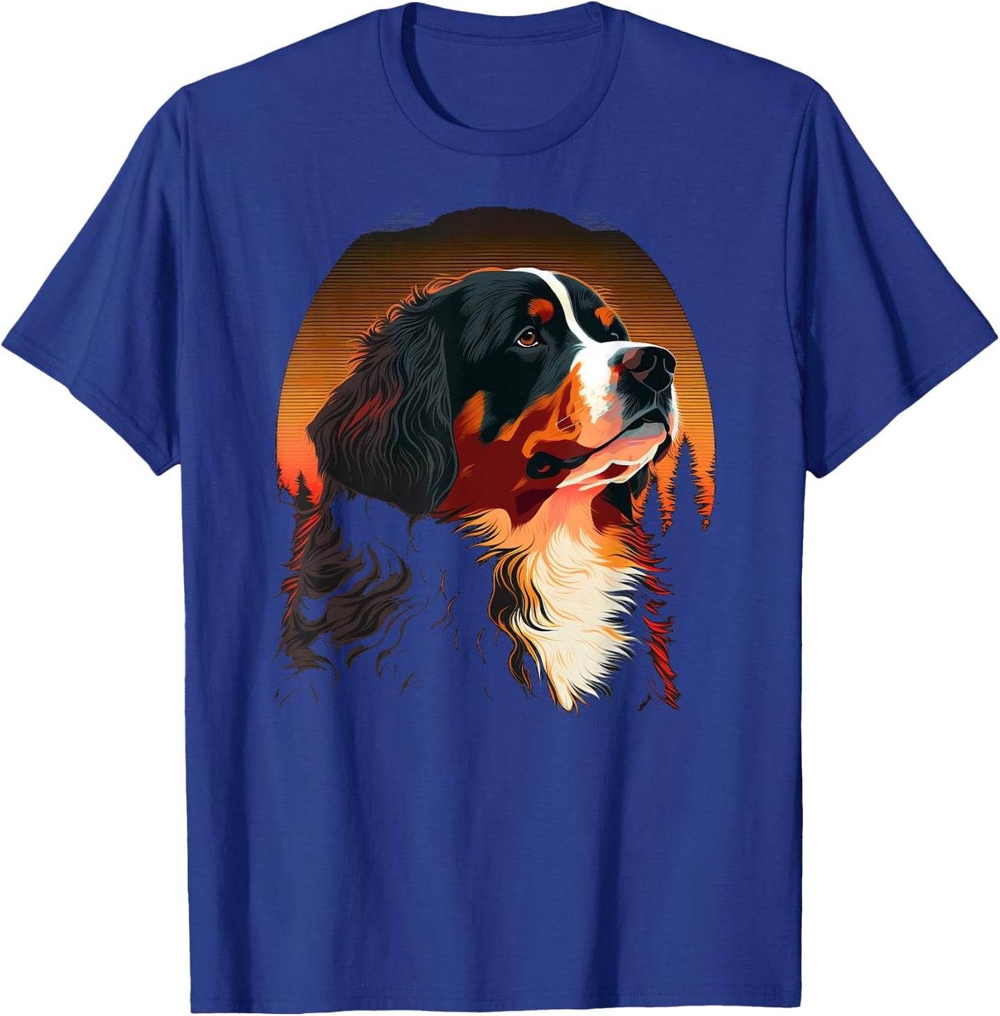 Bernese Mountain Dog at Sunset in the Woods Black Graphic Men Women Kids T-Shirt - T-Shirt | Royal