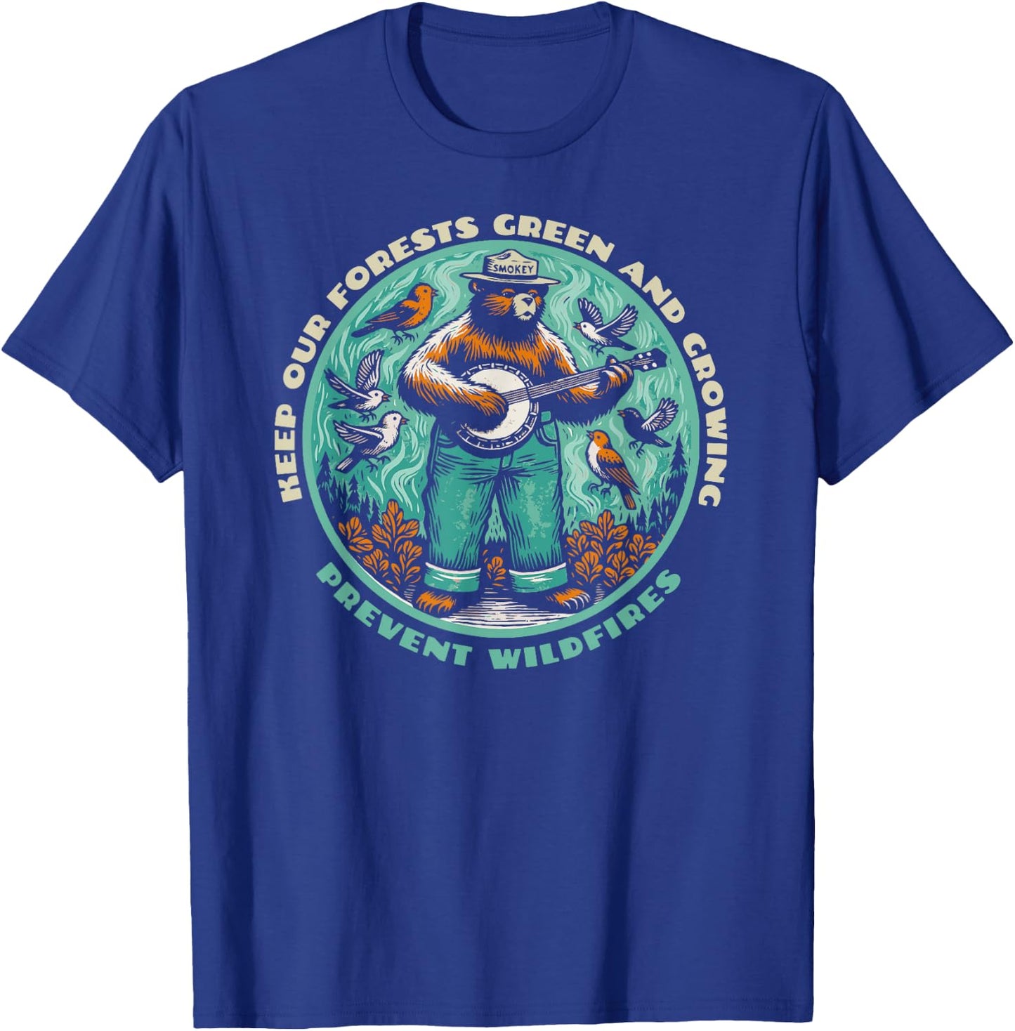 Prevent Wildfires Smokey Bear, Banjo & Birds T-Shirt - T-Shirt | Royal