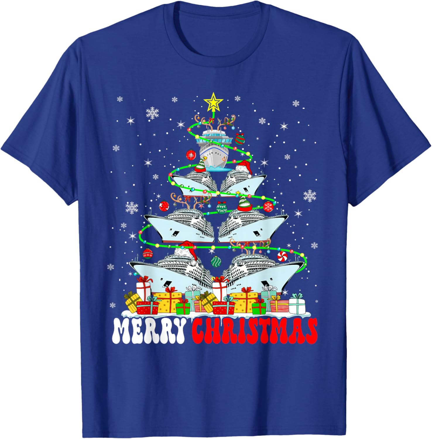 Merry Christmas Reindeer Elf Santa Cruise Ships Xmas Tree T-Shirt - T-Shirt | Royal