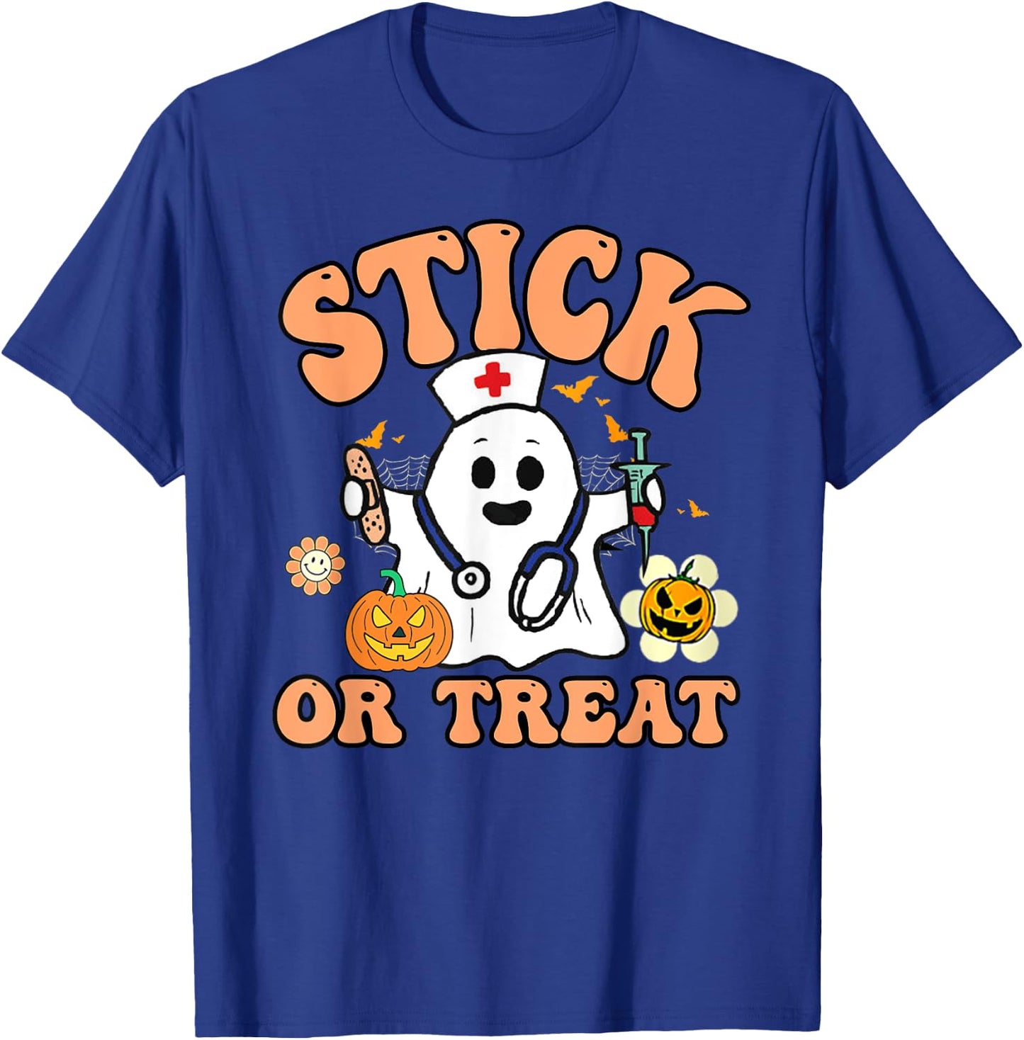 Groovy Stick Or Treat Funny Halloween Nurse T-Shirt - T-Shirt | Royal
