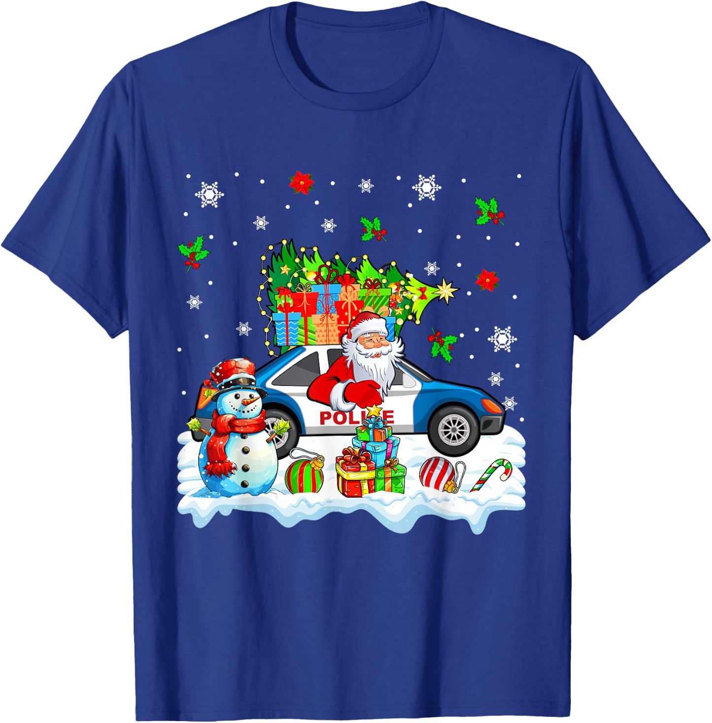 Santa Carrying Christmas Tree On Police Car Snowman Driver T-Shirt - T-Shirt | Royal