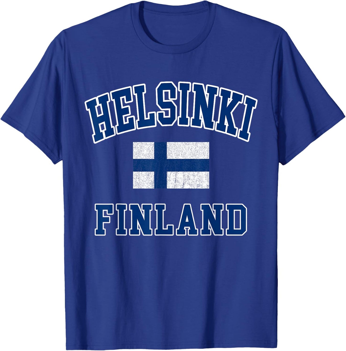 Helsinki Finland Flag Distressed Vintage Europe College Font T-Shirt - T-Shirt | Royal
