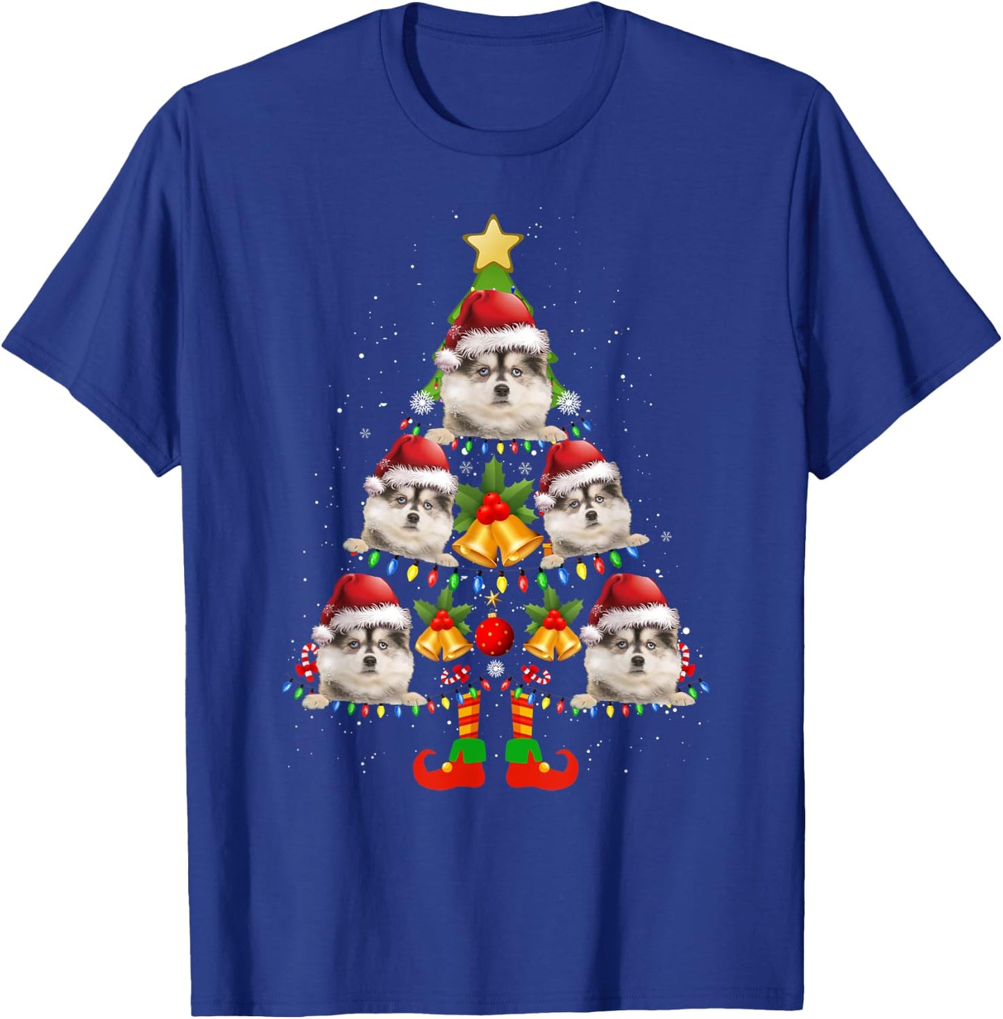 Funny Pomsky Christmas Lights Tree Dog Lover Xmas T-Shirt - T-Shirt | Royal