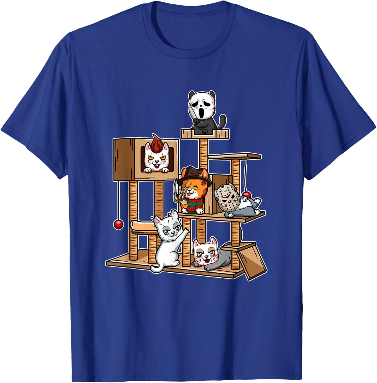 Funny Horror Movie Kitten Playing On Cat Tree T-Shirt - T-Shirt | Royal