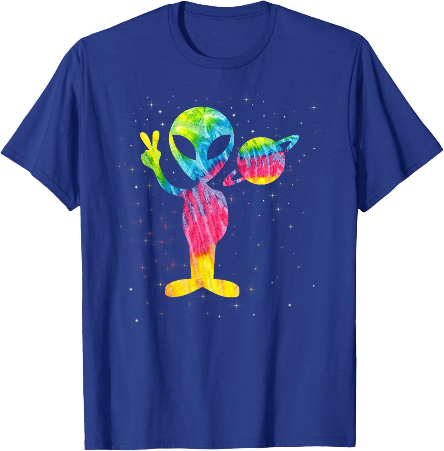 Vintage 1970s Tie Dye Groovy Alien Peace Retro T-Shirt - T-Shirt | Royal