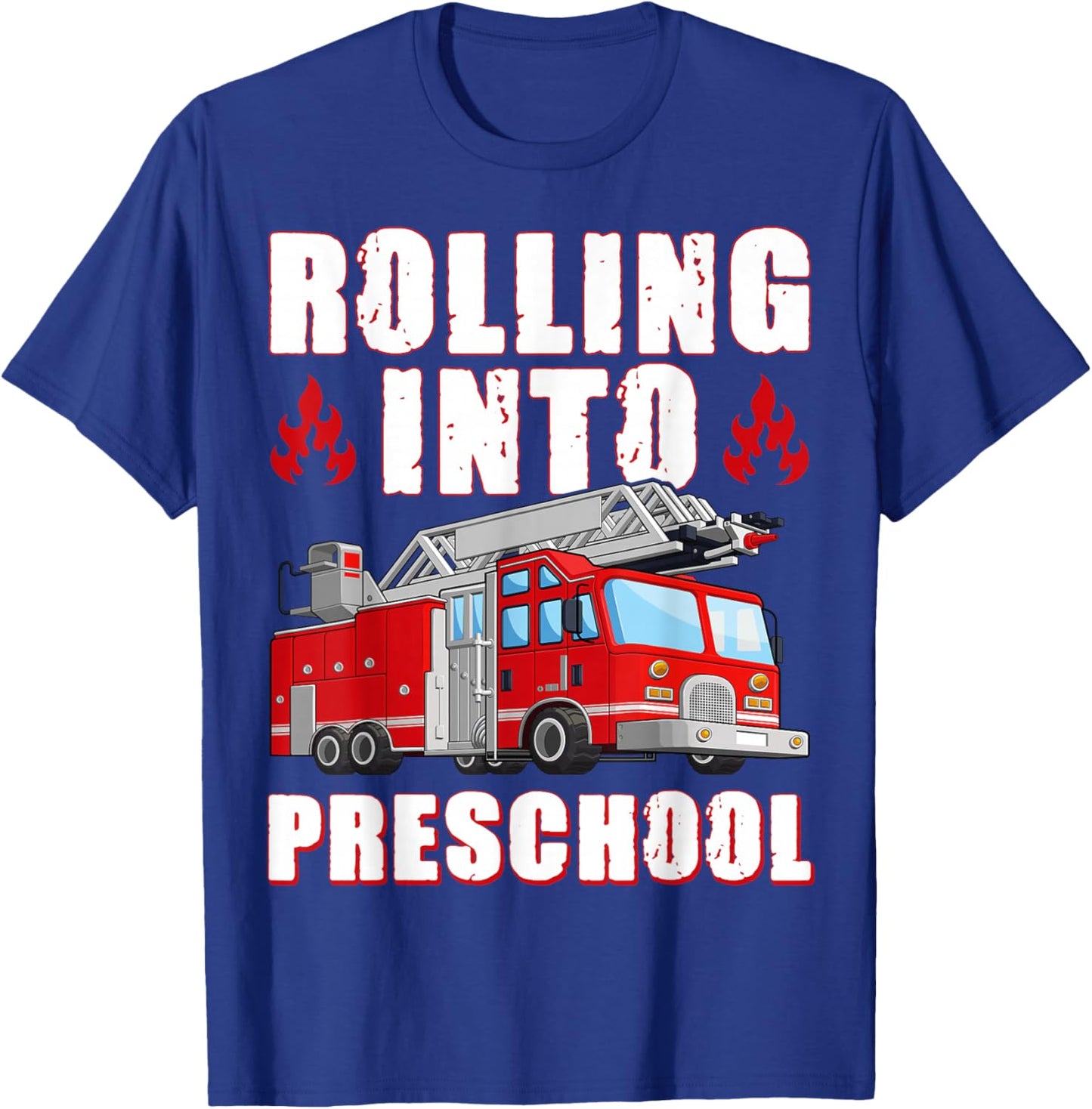 Rolling Into Preschool Fire Engine First Day Of School Boys T-Shirt - T-Shirt | Royal