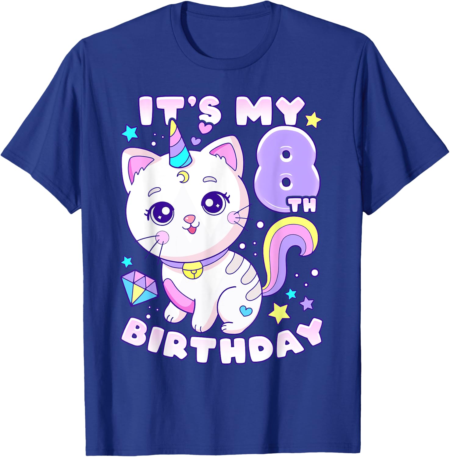 Birthday girl 8 years old, cat, unicorn, 8th birthday T-Shirt - T-Shirt | Royal