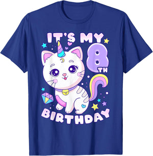 Birthday girl 8 years old, cat, unicorn, 8th birthday T-Shirt - T-Shirt | Royal