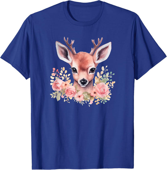 Fawn with Flowers Pink Deer Illustration Cute Deer T-Shirt - T-Shirt | Royal
