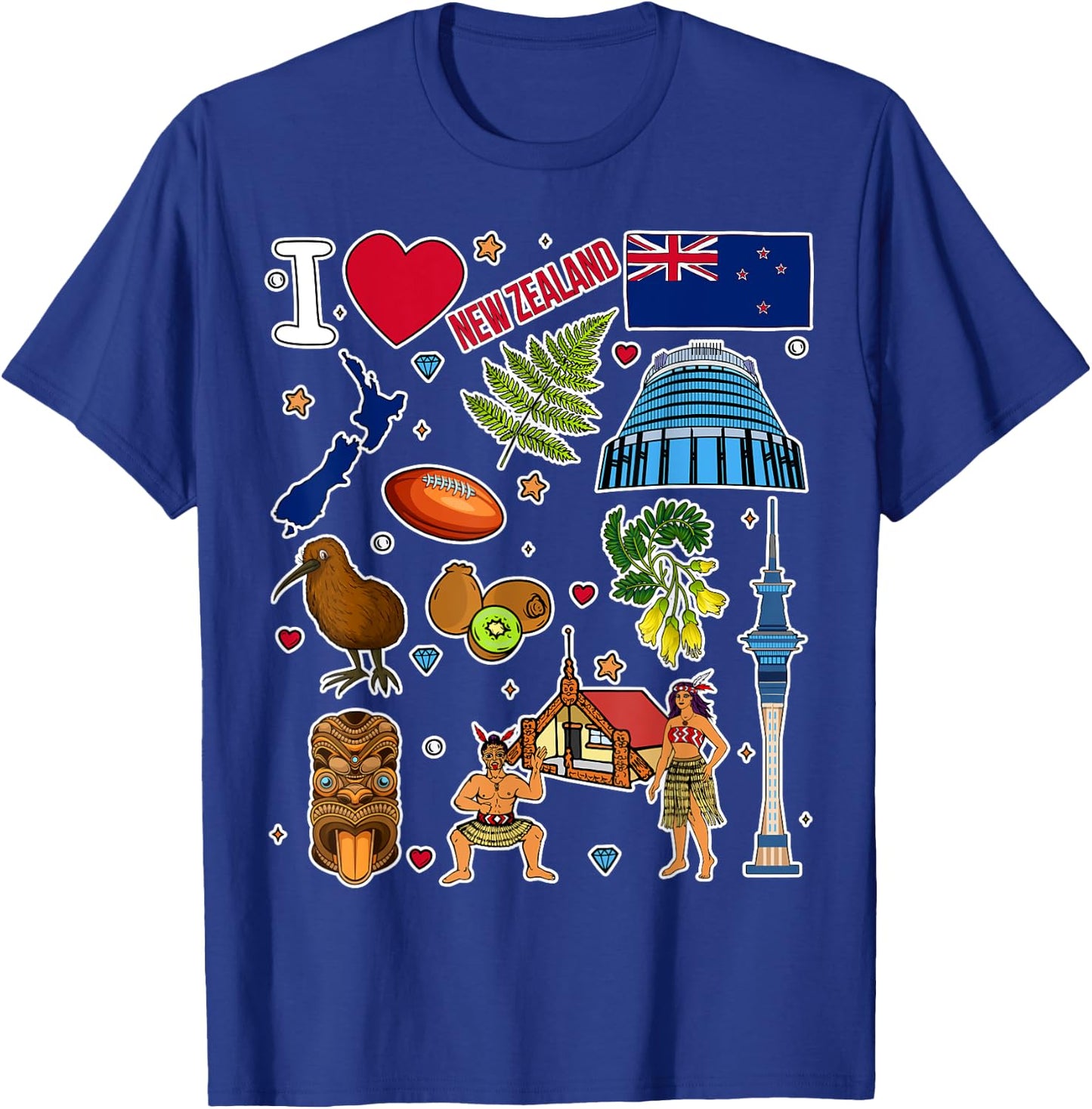 NZ hand drawn symbols, New Zealand map, cultural icons T-Shirt - T-Shirt | Royal