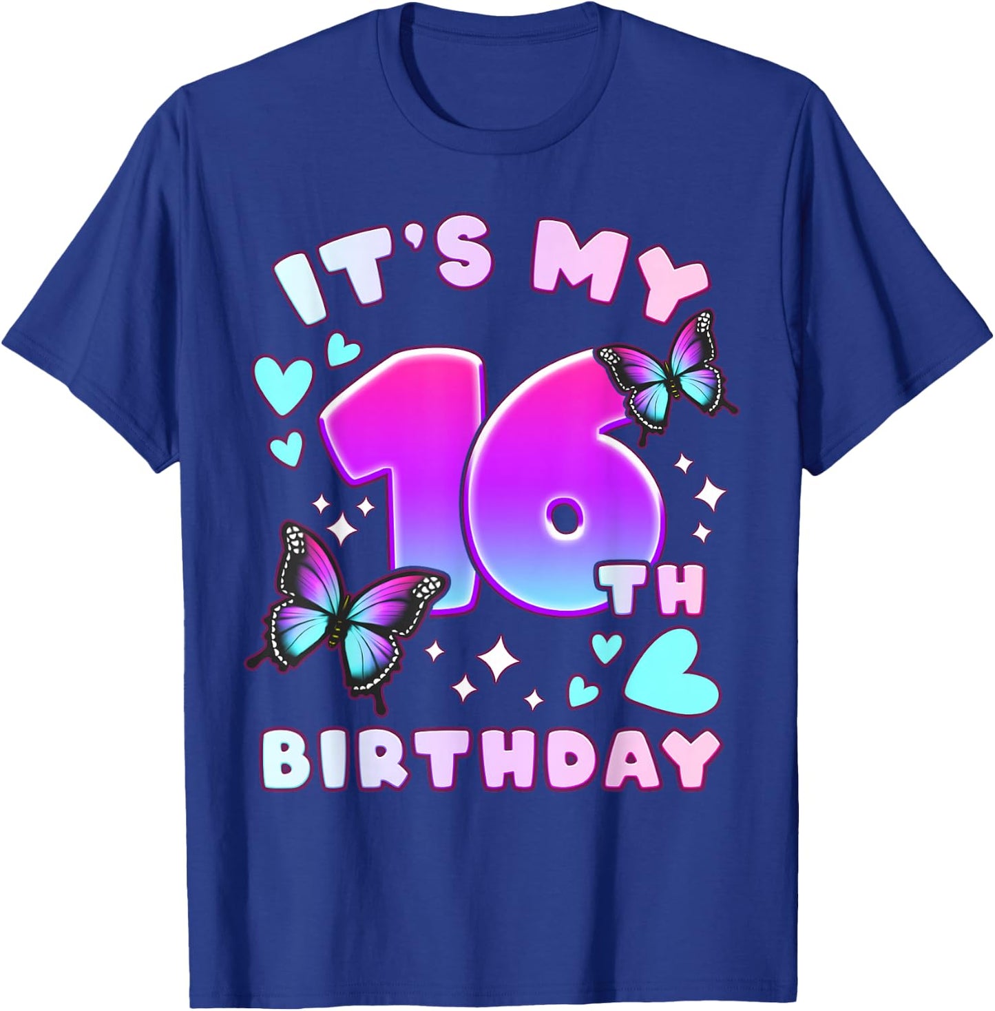16th Birthday, Girl 16 years, Butterflies and Number 16 T-Shirt - T-Shirt | Royal
