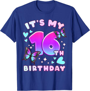 16th Birthday, Girl 16 years, Butterflies and Number 16 T-Shirt - T-Shirt | Royal