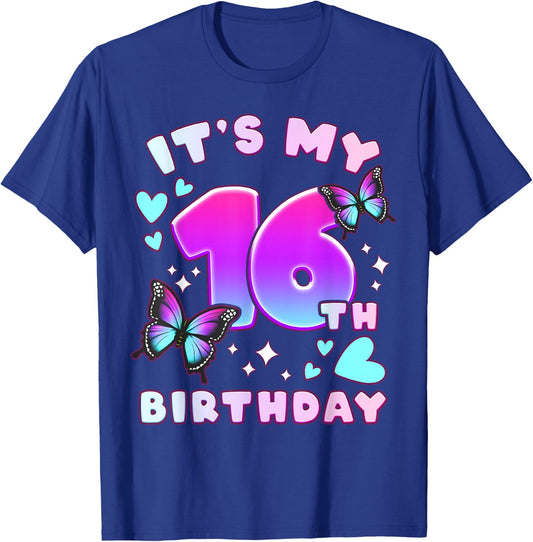 16th Birthday, Girl 16 years, Butterflies and Number 16 T-Shirt - T-Shirt | Royal