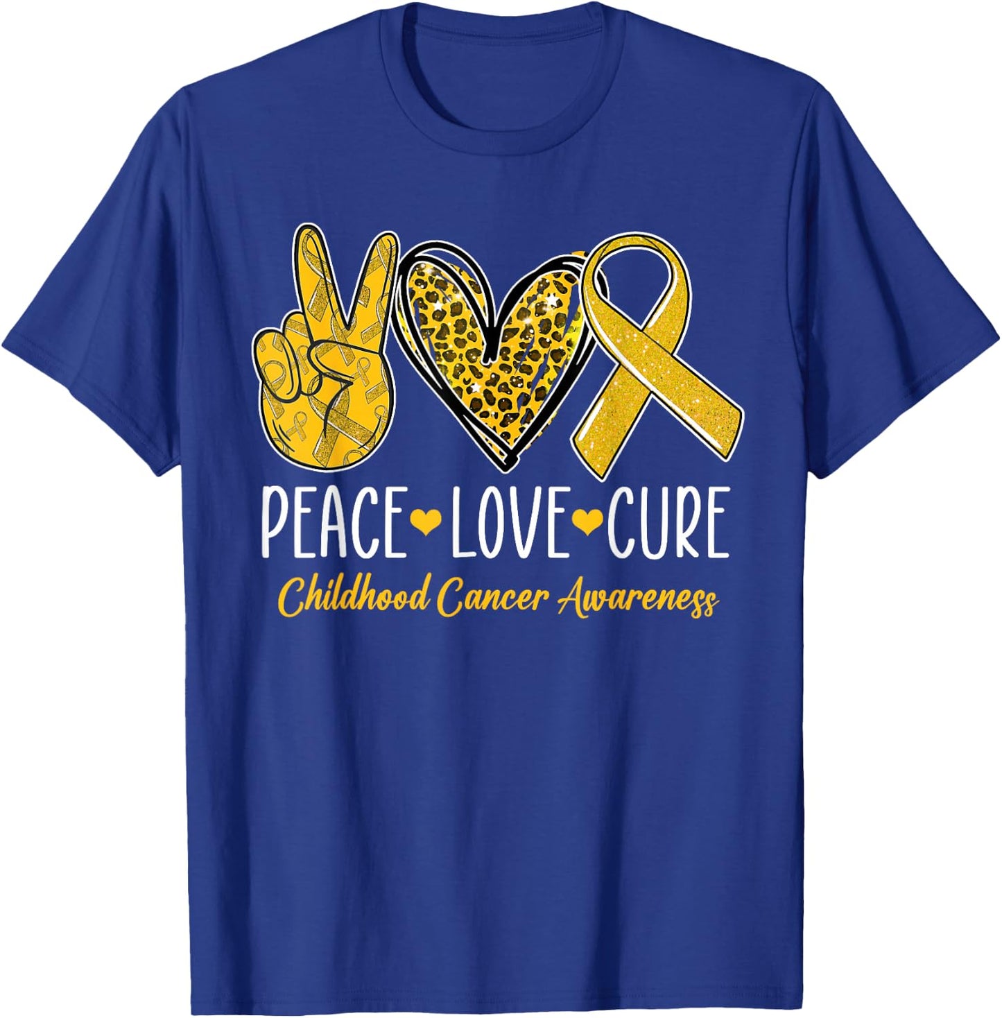 Peace Love Cure Childhood Cancer Awareness Gold Ribbon T-Shirt - T-Shirt | Royal