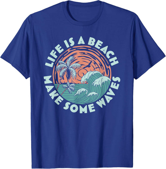 Life is a beach Make Some Waves - Palm Trees Beach Retro Men Women T-Shirt - T-Shirt | Royal