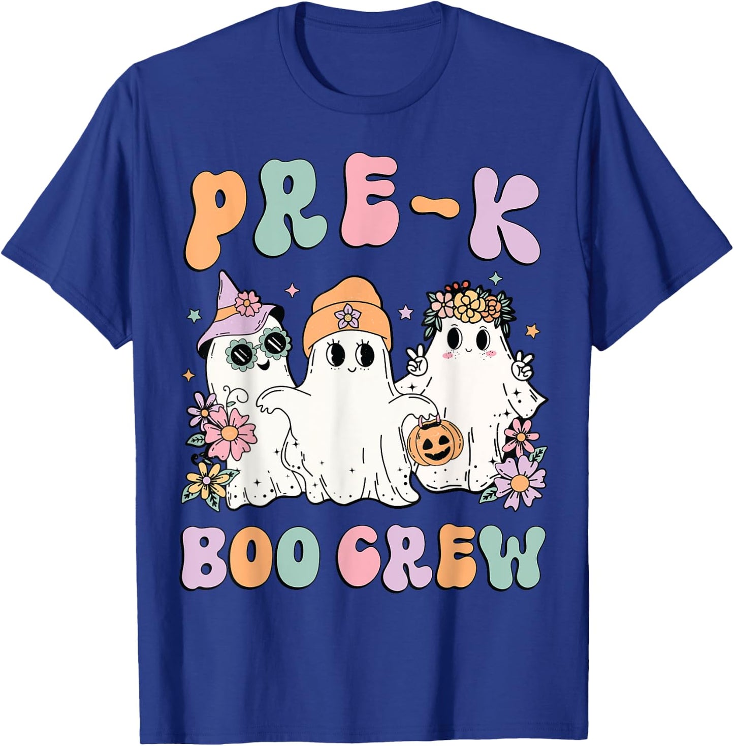 Pre-K Boo Crew Groovy Halloween Floral Ghost Pre K Teacher Men Women Kids T-Shirt - T-Shirt | Royal