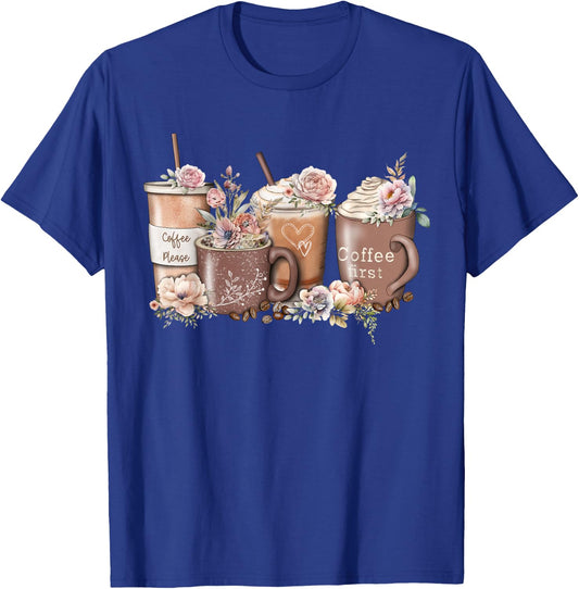 Floral Coffee Cup Iced Latte With Spring Flowers T-Shirt - T-Shirt | Royal