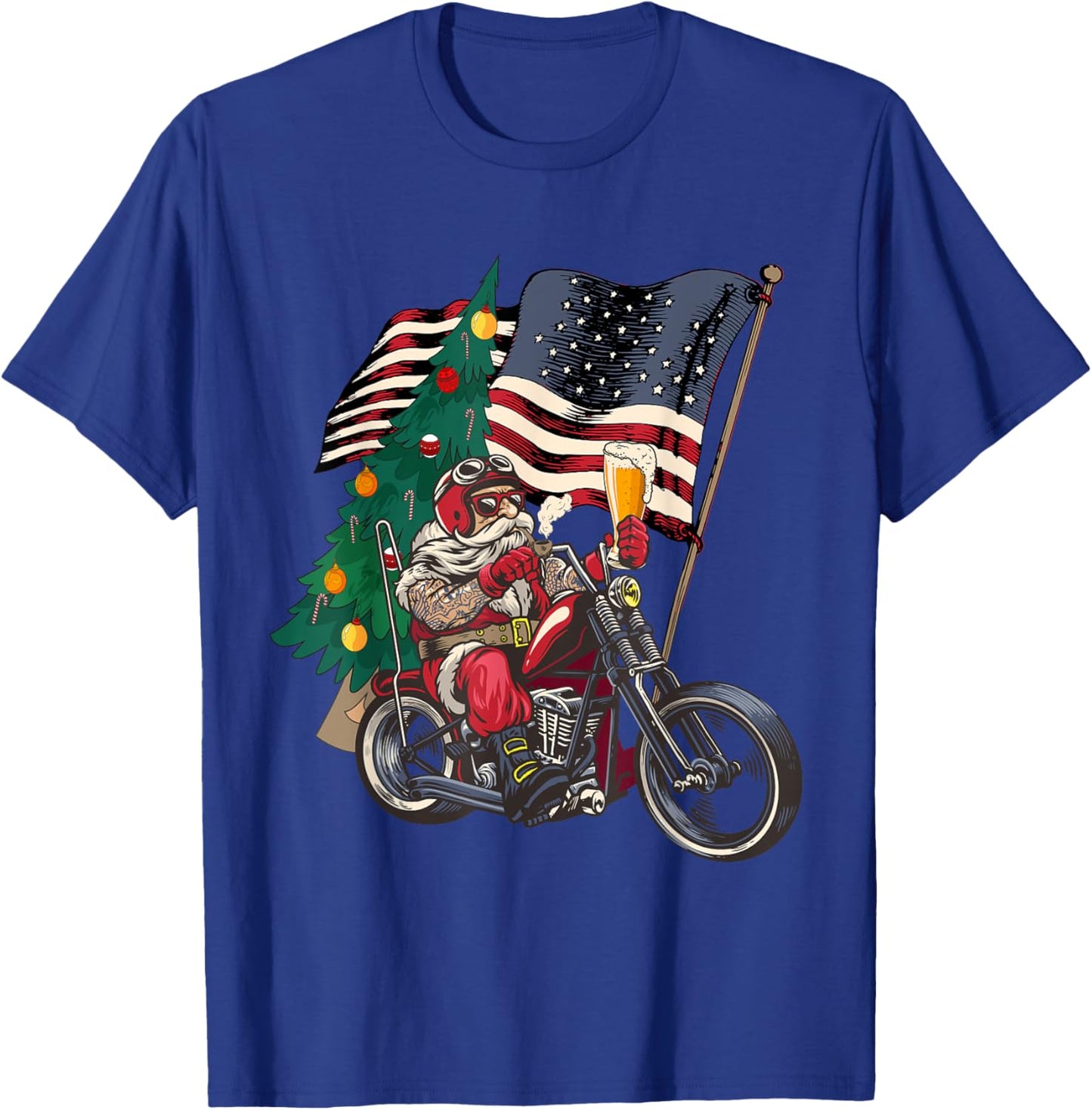 Santa Riding Motorcycle on Christmas - Biker US Flag T-Shirt - T-Shirt | Royal