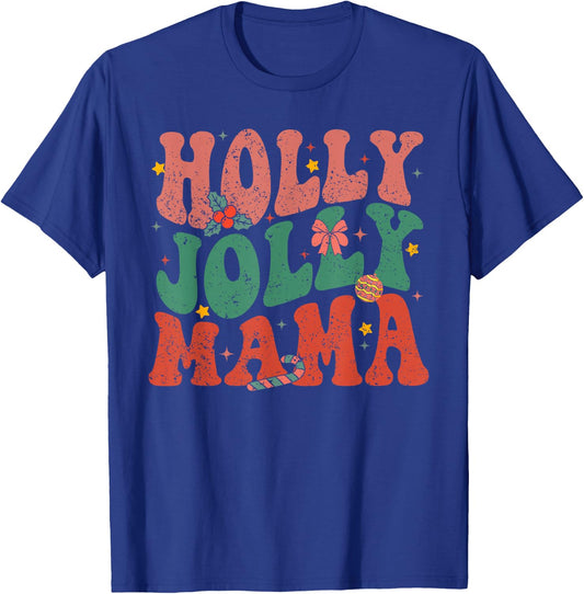 Retro Holly Christmas Jolly Mama, Merry Christmas Holiday T-Shirt - T-Shirt | Royal