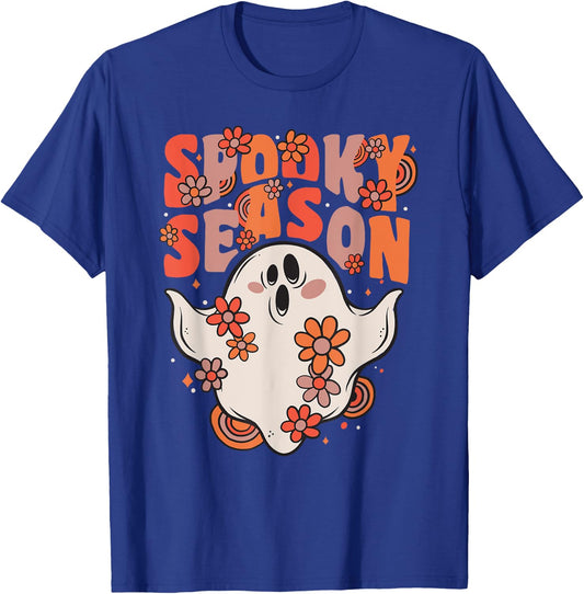 Spooky Season Groovy Ghost With Vintage Flowers Halloween T-Shirt - T-Shirt | Royal