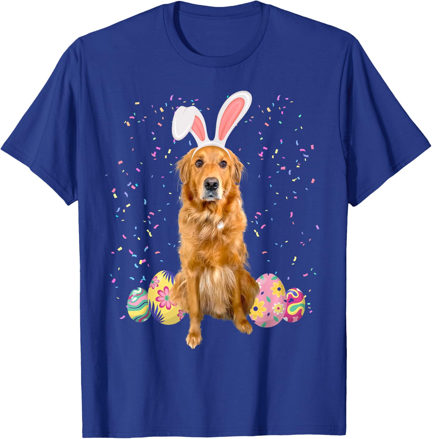 Cute Easter Golden Retriever With Easter Bunny Ears & Eggs T-Shirt - T-Shirt | Royal