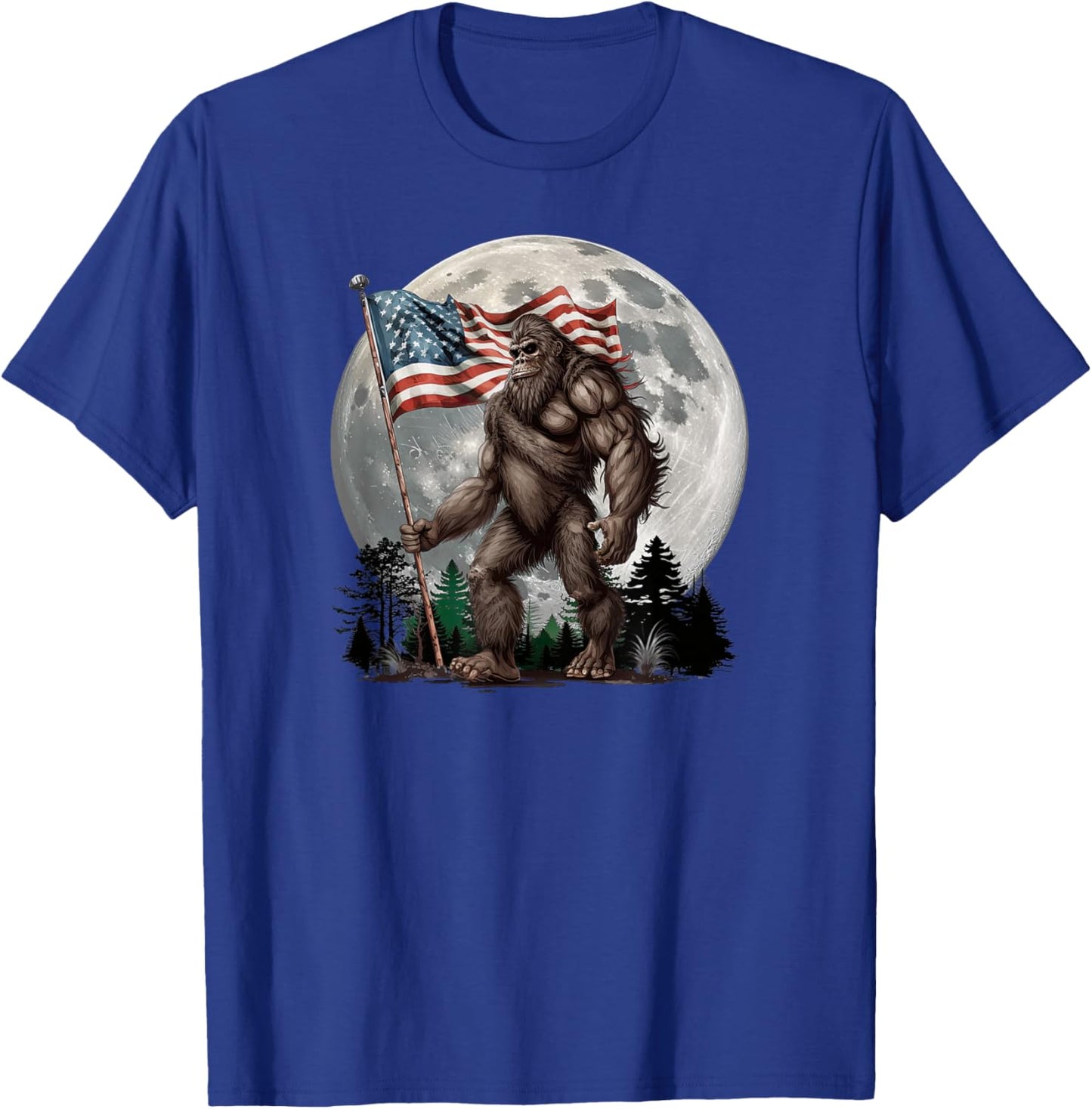 Bigfoot Sasquatch - American Flag Full Moon Patriotic T-Shirt - T-Shirt | Royal