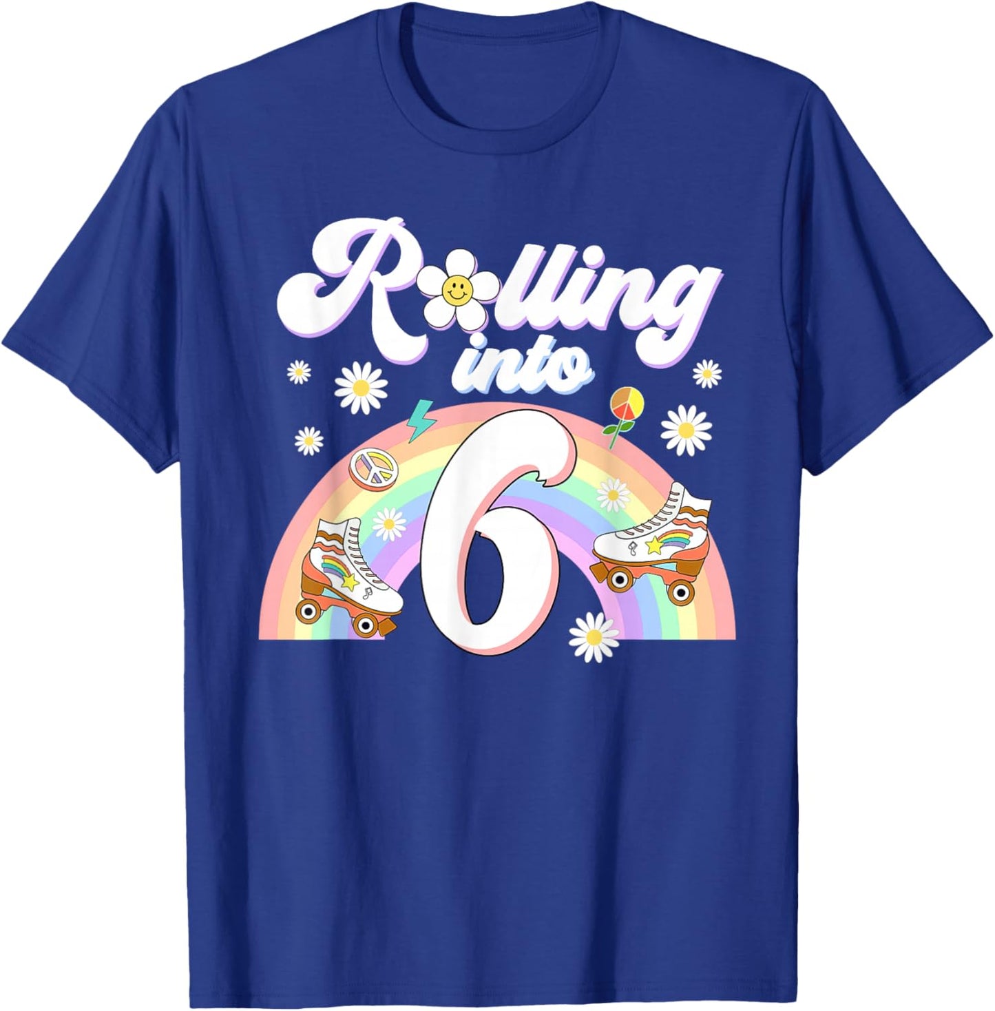 Rolling Into 6 Birthday Shirt Girl Groovy Retro 6th Bday T-Shirt - T-Shirt | Royal