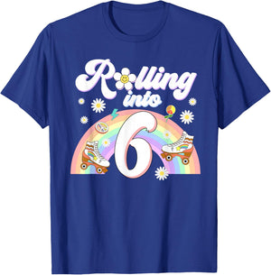 Rolling Into 6 Birthday Shirt Girl Groovy Retro 6th Bday T-Shirt - T-Shirt | Royal