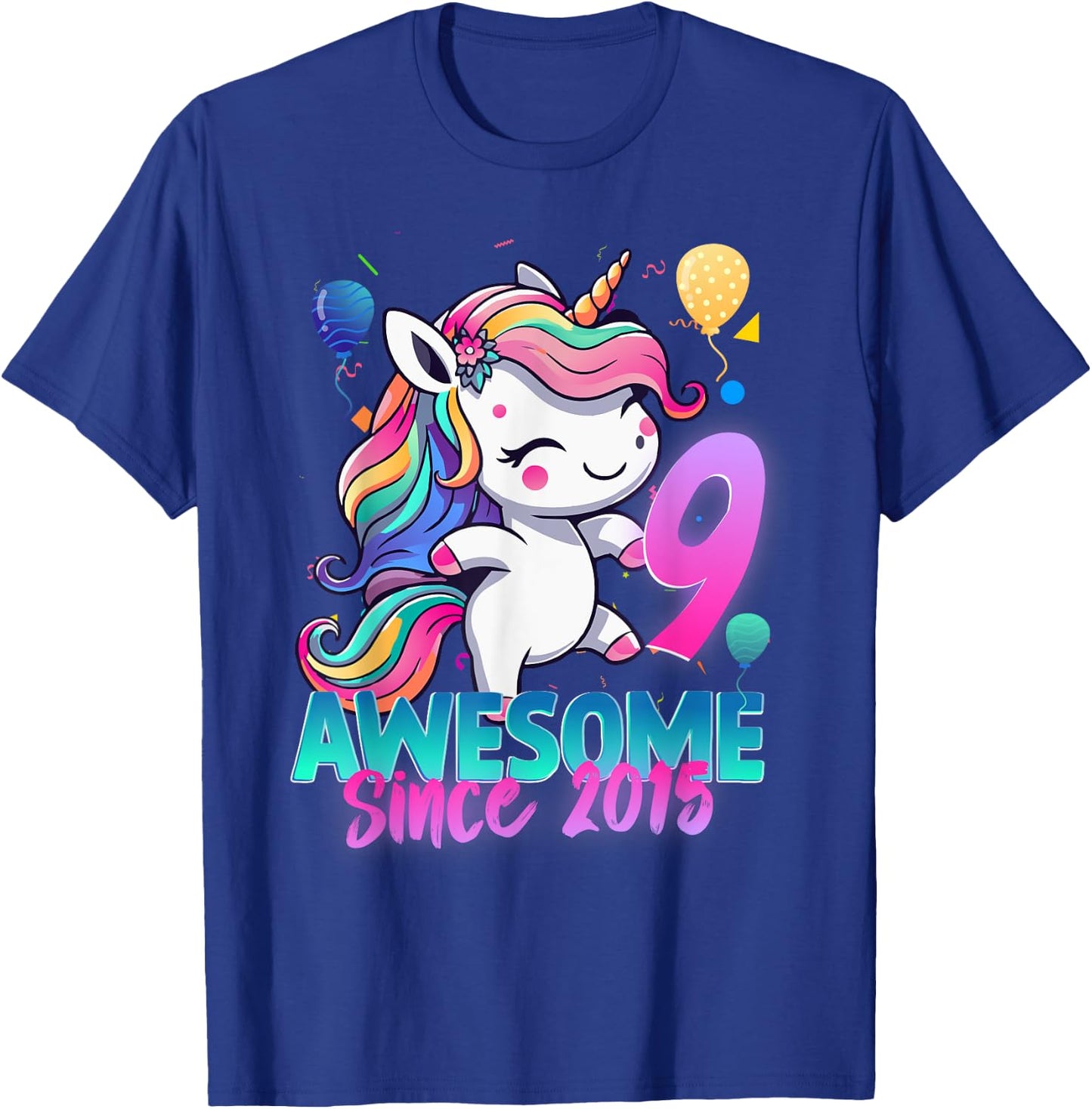 9th Birthday Girl Awesome Since 2015 9 Years Old Unicorn T-Shirt - T-Shirt | Royal