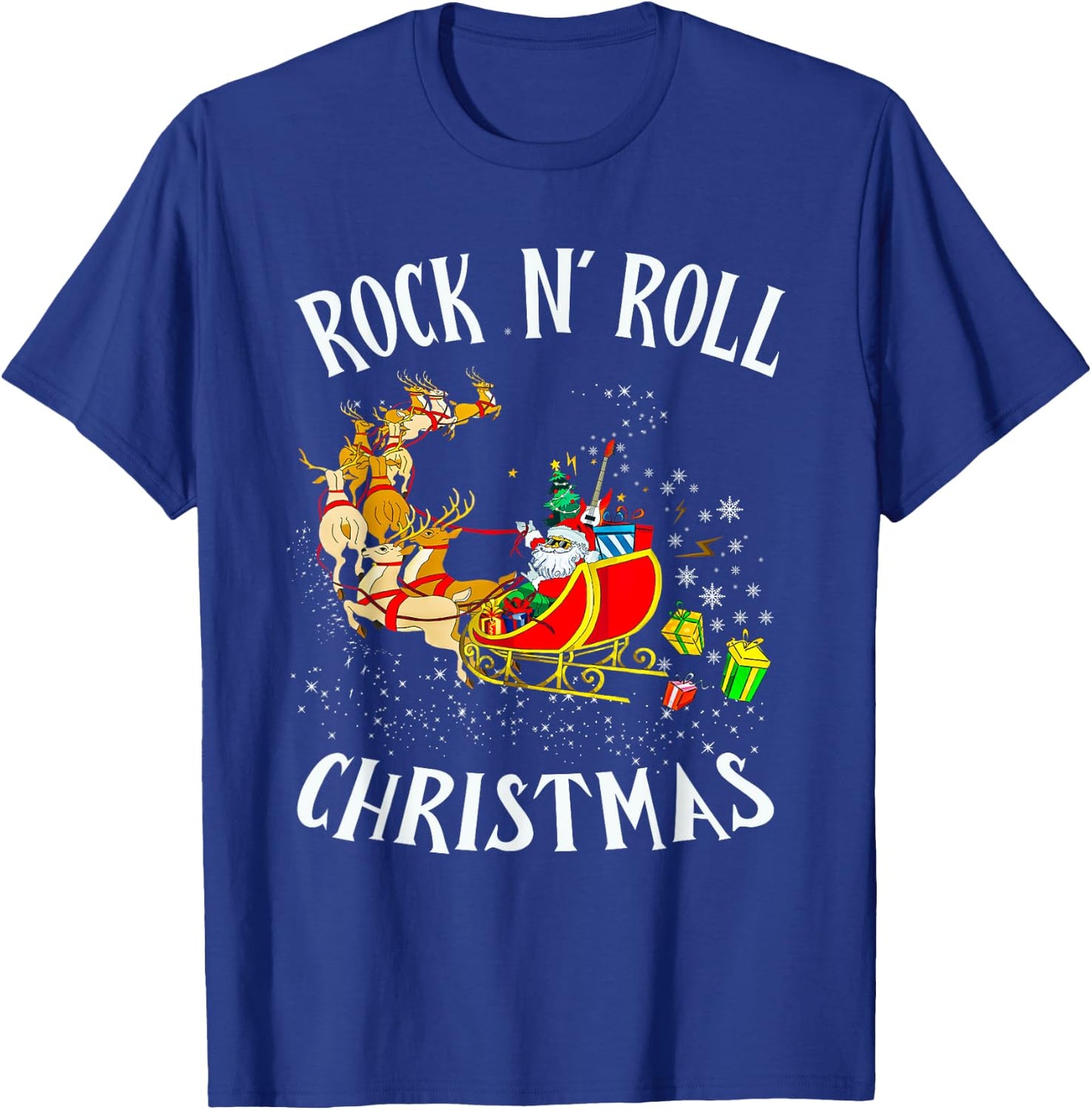 Rock N Roll Christmas Santa Sleigh Reindeer Xmas T-Shirt - T-Shirt | Royal
