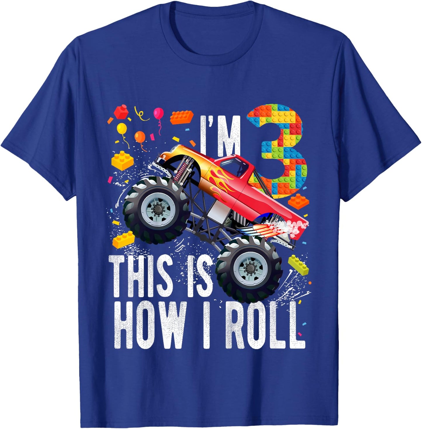 Kids 3 Year Old Building Blocks Monster Truck 3rd Birthday Boy T-Shirt - T-Shirt | Royal