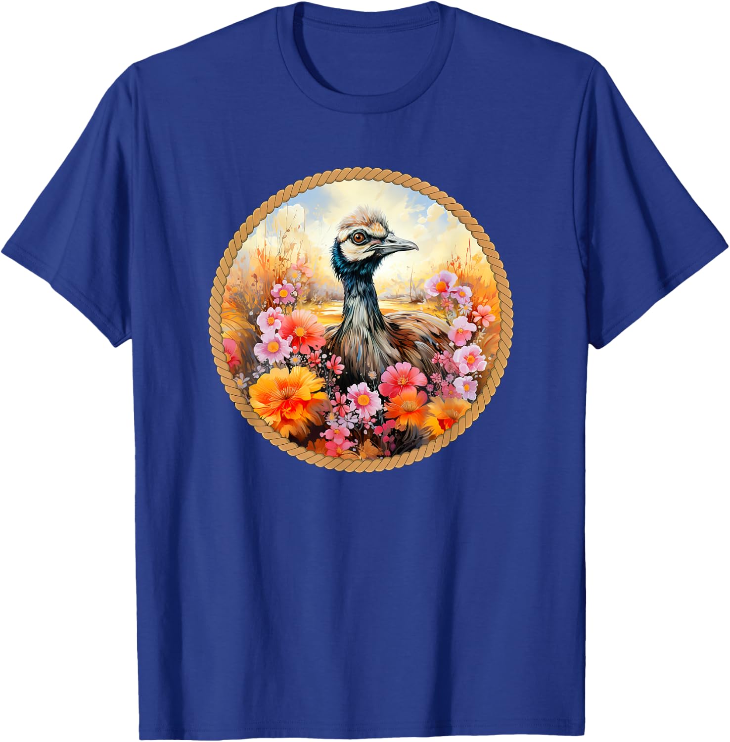 Cute Emu sitting in the meadow surrounded by flowers T-Shirt - T-Shirt | Royal