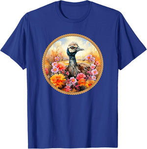 Cute Emu sitting in the meadow surrounded by flowers T-Shirt - T-Shirt | Royal