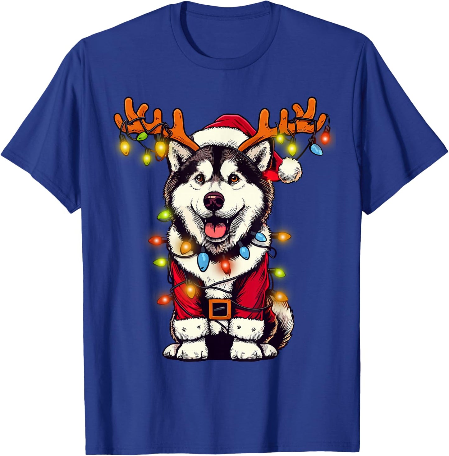 Funny Siberian Husky Christmas Tree Lights, Santa Dog T-Shirt - T-Shirt | Royal