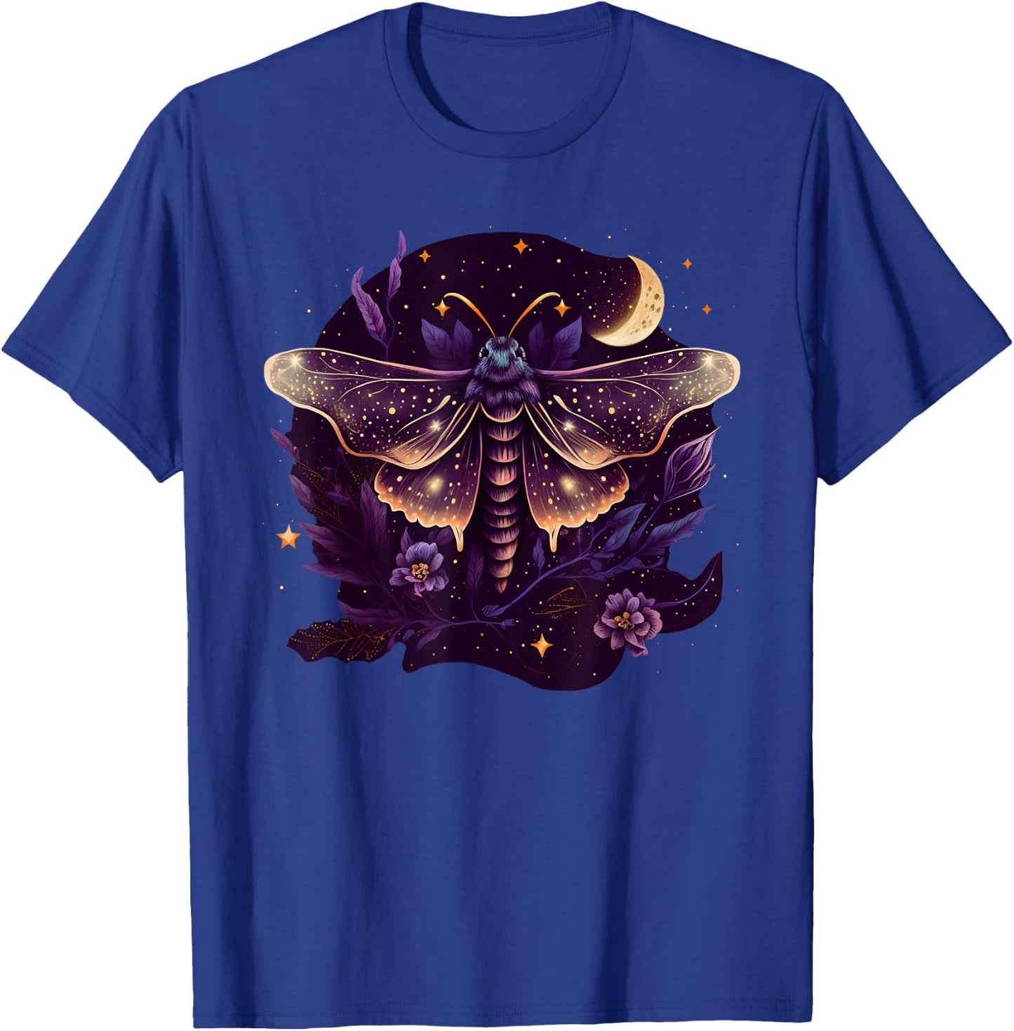 Moth with moon, butterfly, flowers, stars, night, vintage T-Shirt - T-Shirt | Royal