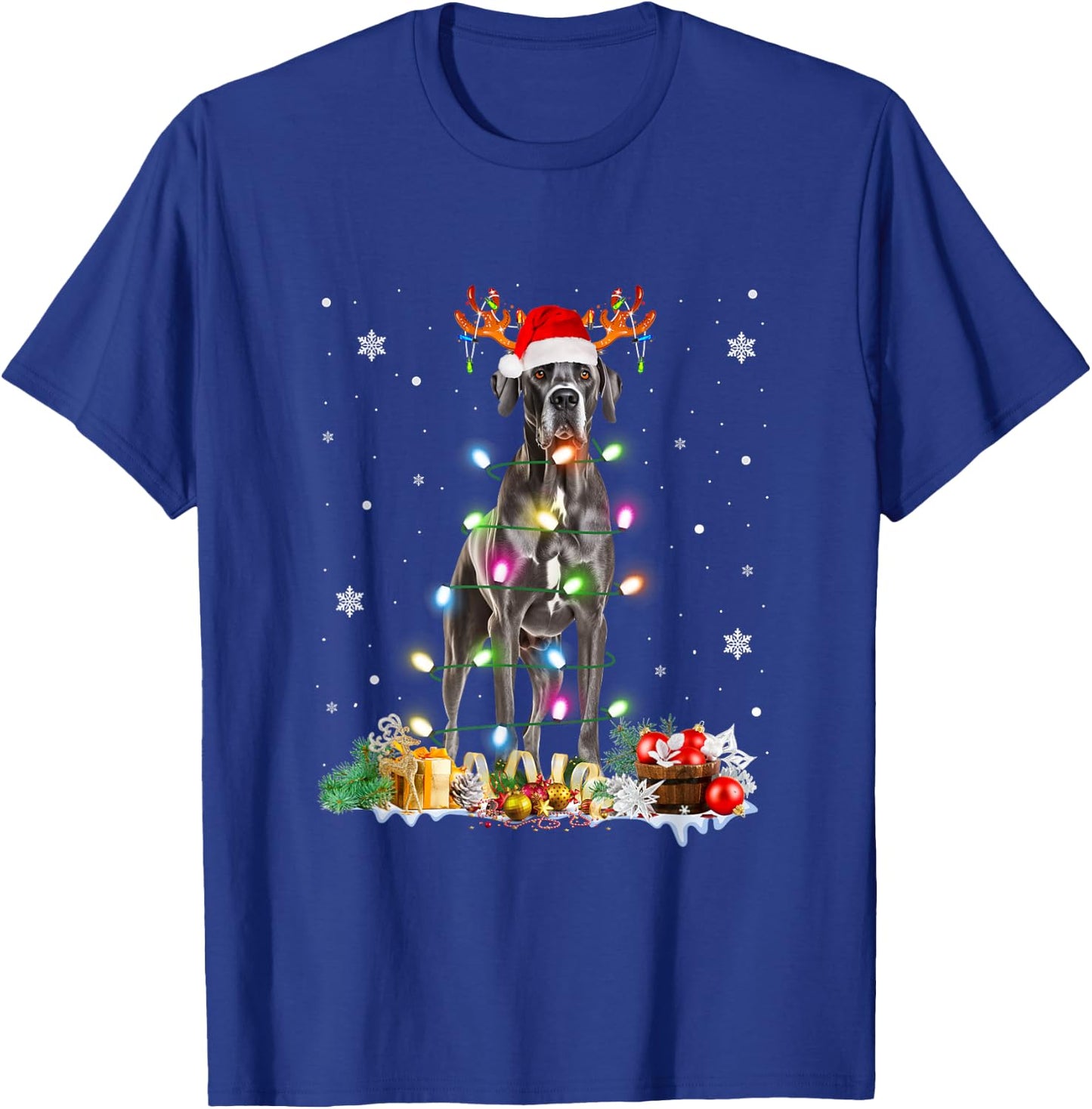 Great Dane Christmas Santa Hat Fairy Lights Pajama Dog Lover Men Women Kids T-Shirt - T-Shirt | Royal