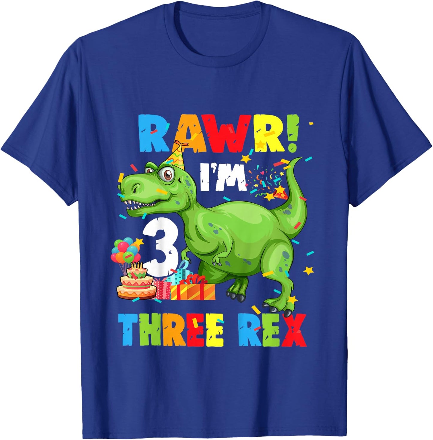 Kids Three Rex Birthday Party Outfit Dinosaur 3 Year Old Boy T-Shirt - T-Shirt | Royal
