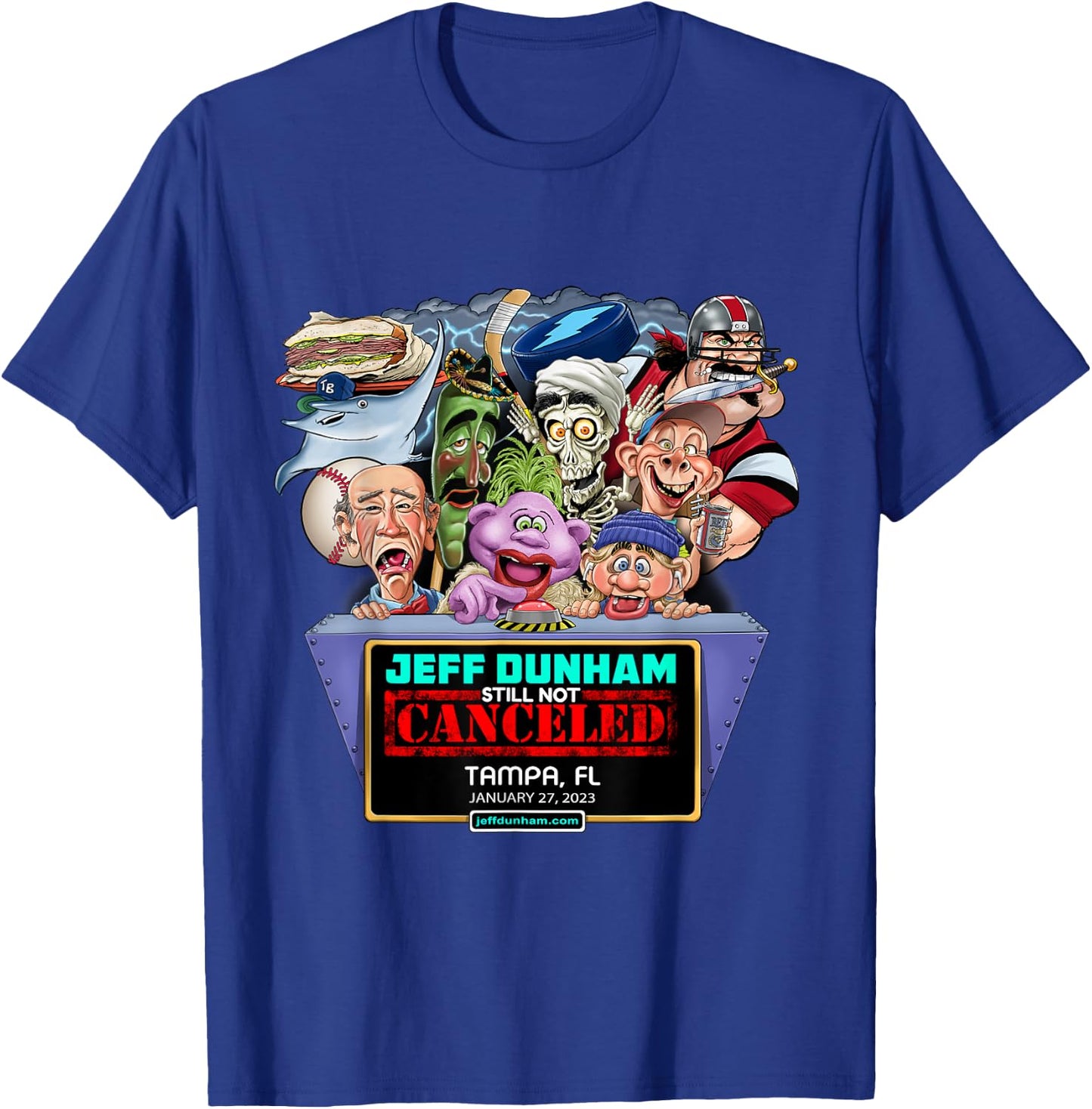 Jeff Dunham Black Cartoon , -Adults/Kids, Small, Short Sleeve, Classic Fit, Modern Style, Limited Edition Design, Jeff Dunham Tampa, FL (2023) T-Shirt - T-Shirt | Royal