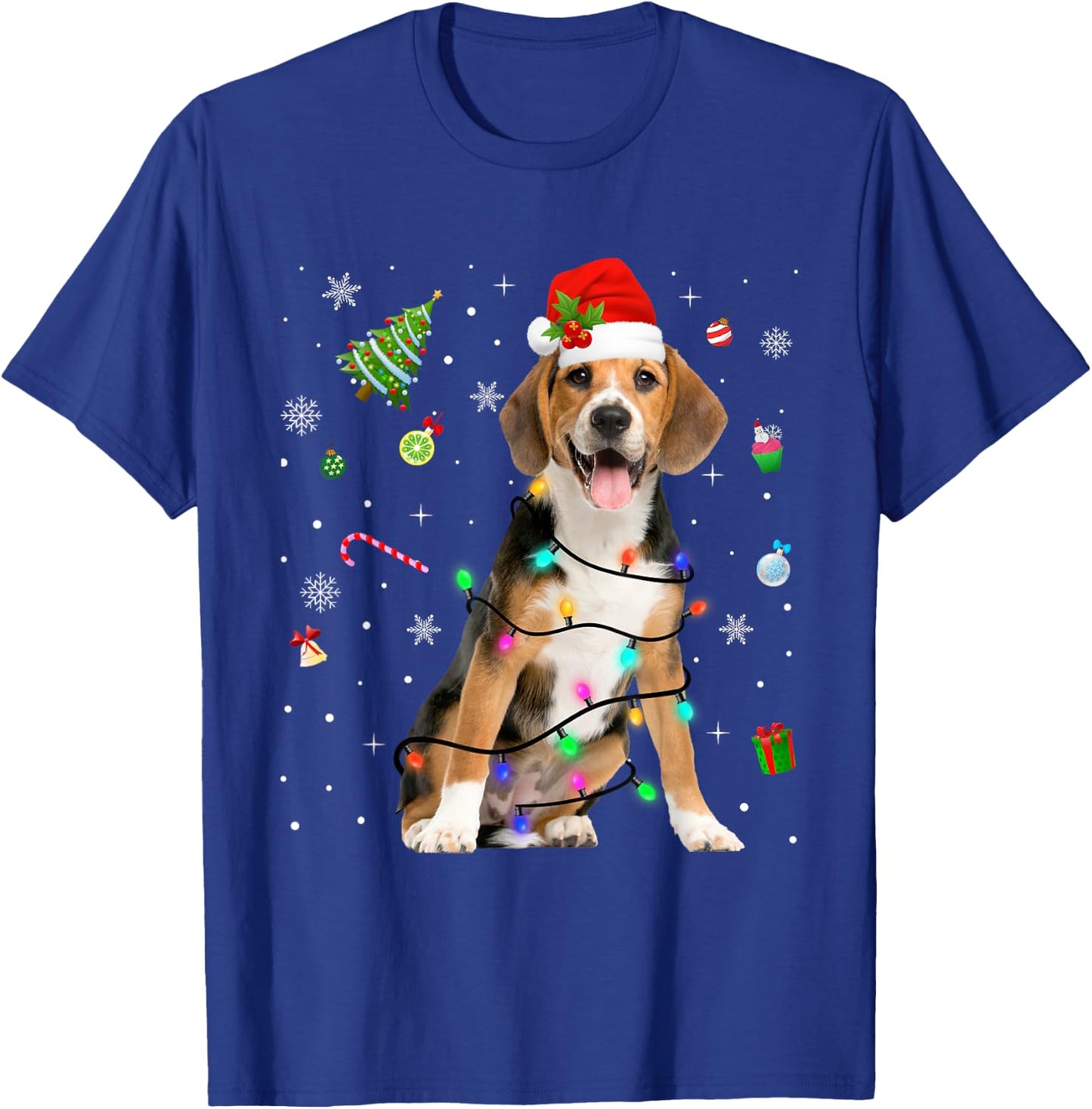 Beagle Dog Christmas Lights Santa Hat Dog Dad Mom Women Kids T-Shirt - T-Shirt | Royal