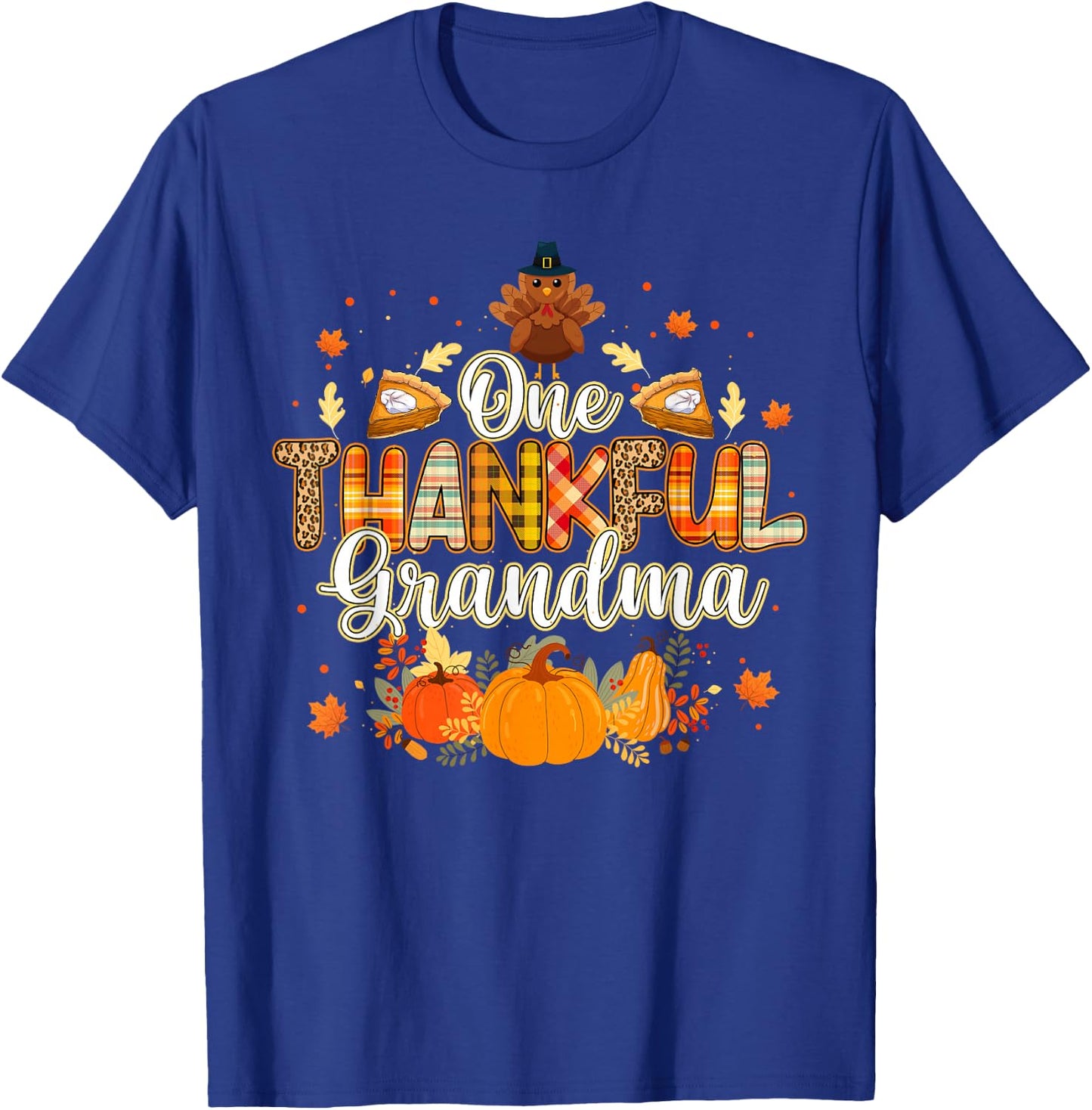 One Thankful Grandma Fall Leaves Autumn Grandma Thanksgiving T-Shirt - T-Shirt | Royal
