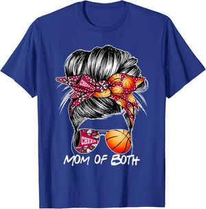 Mom Of Both Cheer Mom Basketball Mom Messy Bun Mother's Day T-Shirt - T-Shirt | Royal