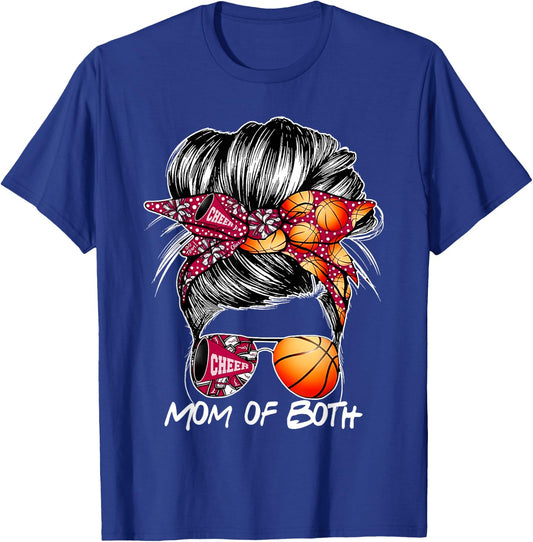 Mom Of Both Cheer Mom Basketball Mom Messy Bun Mother's Day T-Shirt - T-Shirt | Royal