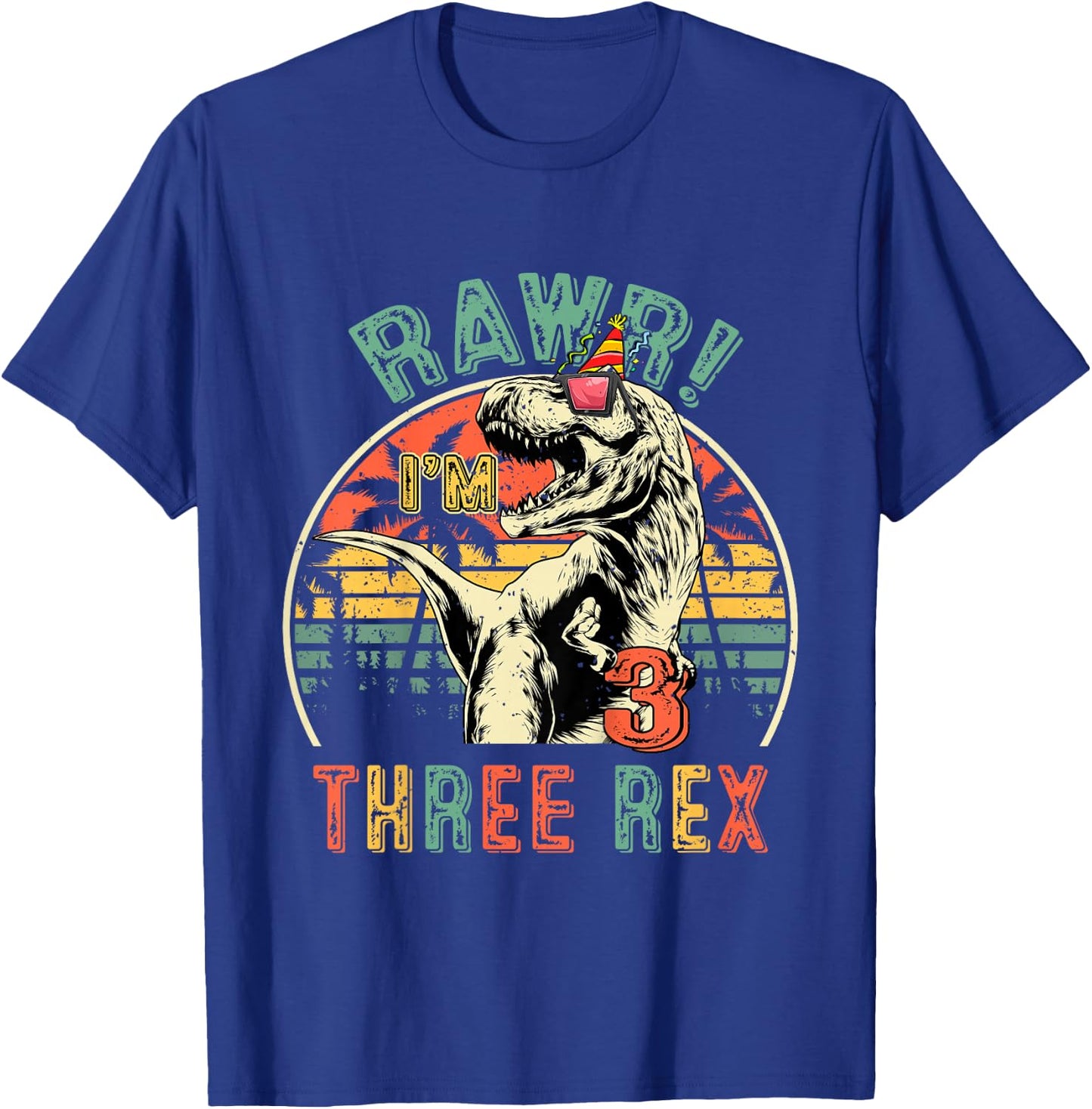 Kids Three Rex Birthday Party Outfit Dinosaur 3 Year Old Boy T-Shirt - T-Shirt | Royal