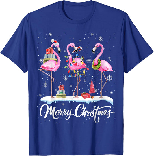 Merry Christmas Hat Santa Flamingo Light Christmas In July T-Shirt - T-Shirt | Royal