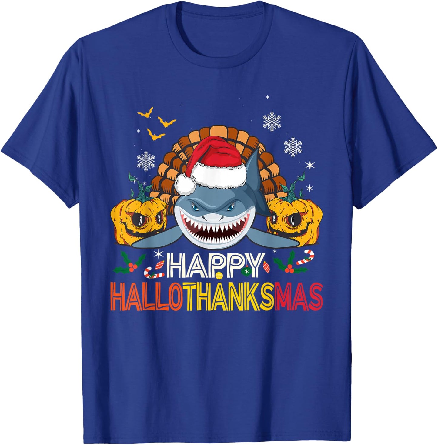 Happy HalloThanksMas Shark Halloween Thanksgiving Christmas T-Shirt - T-Shirt | Royal