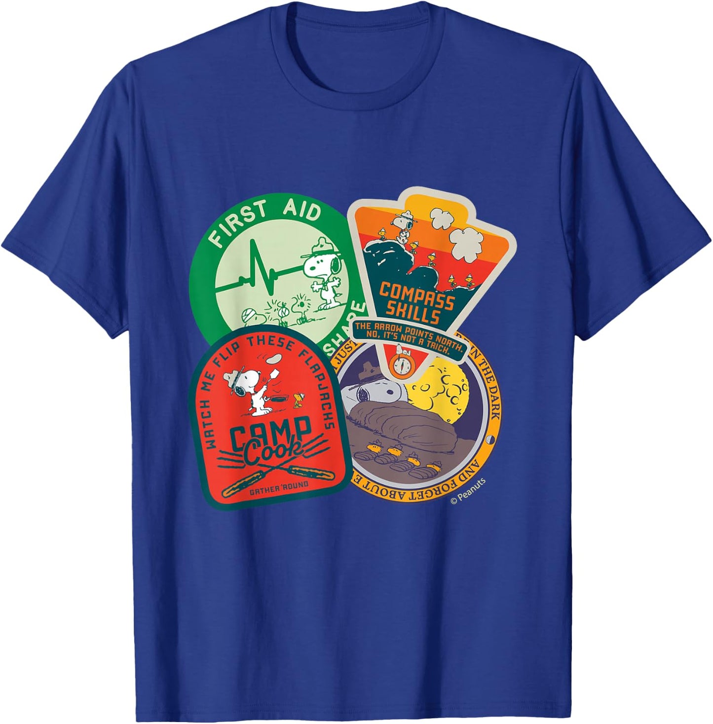 Peanuts - Snoopy Woodstock Beagle Scouts Badges T-Shirt - T-Shirt | Royal