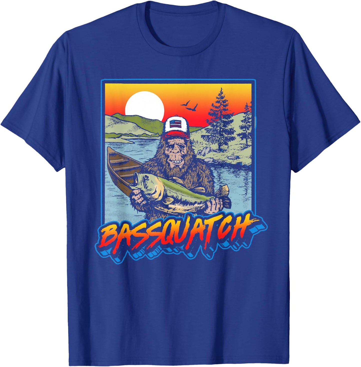 Bassquatch! Funny Bass Fishing Sasquatch Retro 80s T-Shirt - T-Shirt | Royal