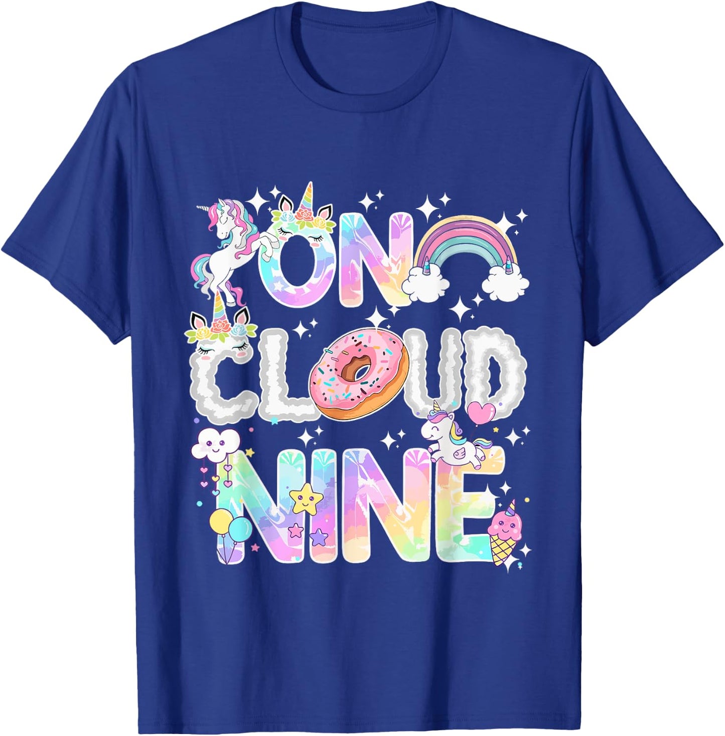 On Cloud Nine Unicorn Donut Birthday Shirt, 9th Birthday T-Shirt - T-Shirt | Royal