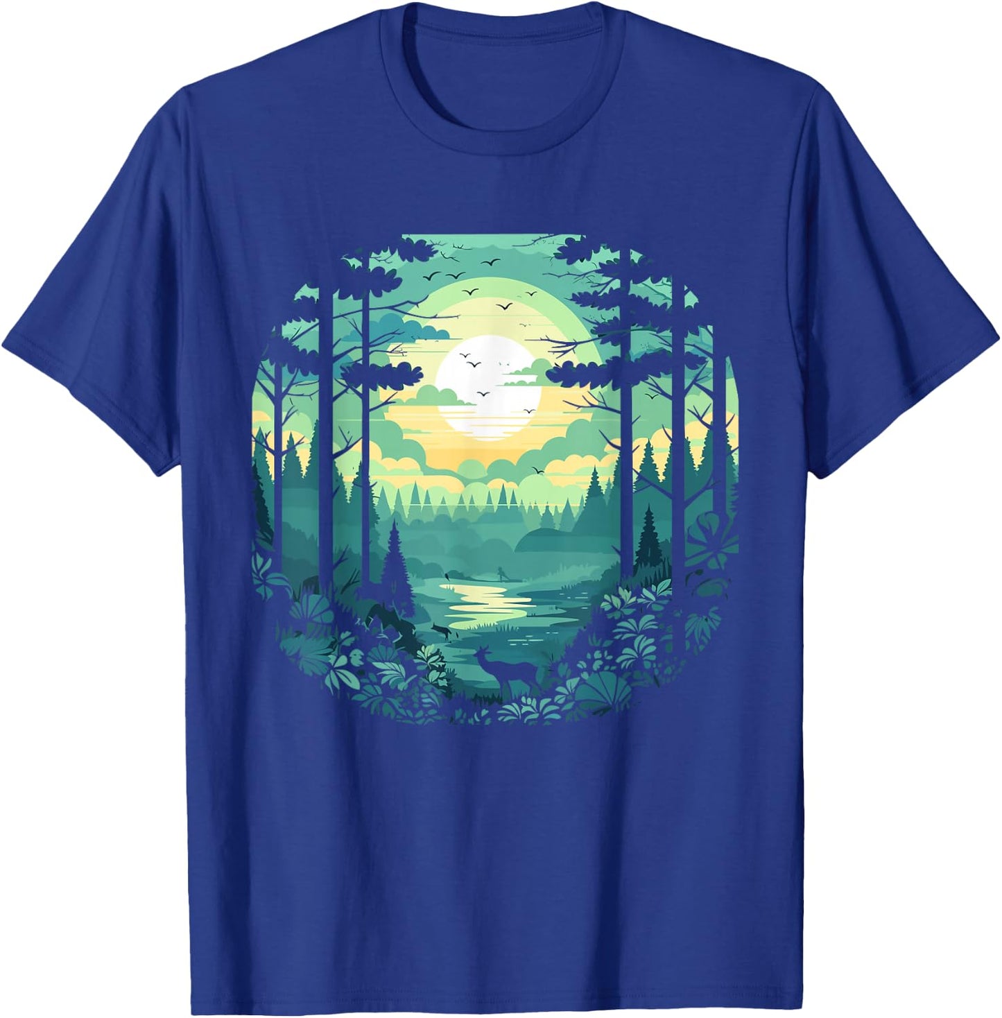 Sunset Forest And Nature Pine Tree Teal T-Shirt - T-Shirt | Royal